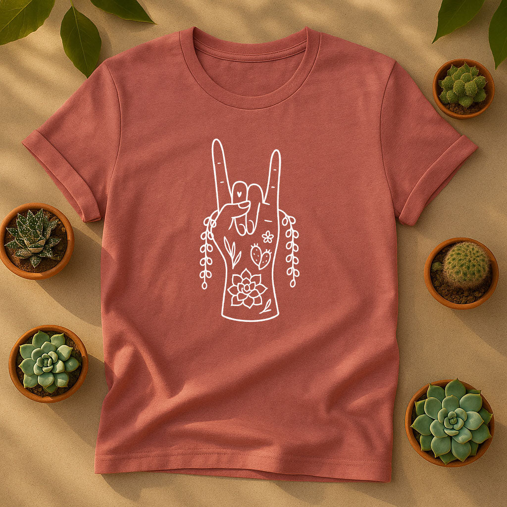 Plant Rock Hand Unisex T-Shirt - Succulent Line Art Graphic