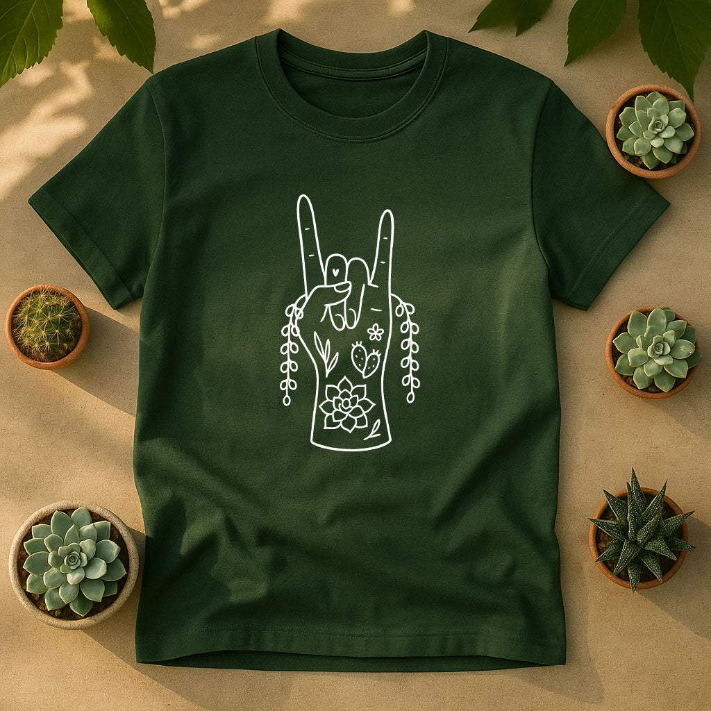 Plant Rock Hand Unisex T-Shirt - Succulent Line Art Graphic